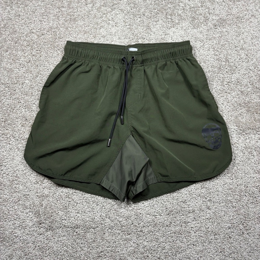 Gymreapers Mens Medium Training Shorts Olive Green Skull Logo Inseam 6 Inch